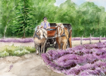 Poster DIN-A4  Aquarell Kunst Druck Kunstdruck Lüneburger Heide Lüneburg Landschaft Kutsche Kutschfahrt